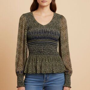 Smocked Blouse S Peplum Lantern Sleeves Geometric Tribal Print Earthy Boho Chic